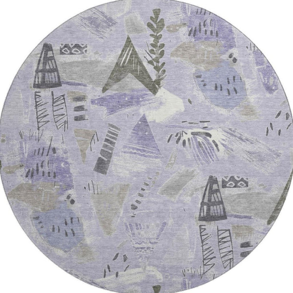 HomeRoots 8' X 8' Round Geometric Washable Rug in Lavender, Ivory & Gray - UV Protected for Indoor & Outdoor Use 694523
