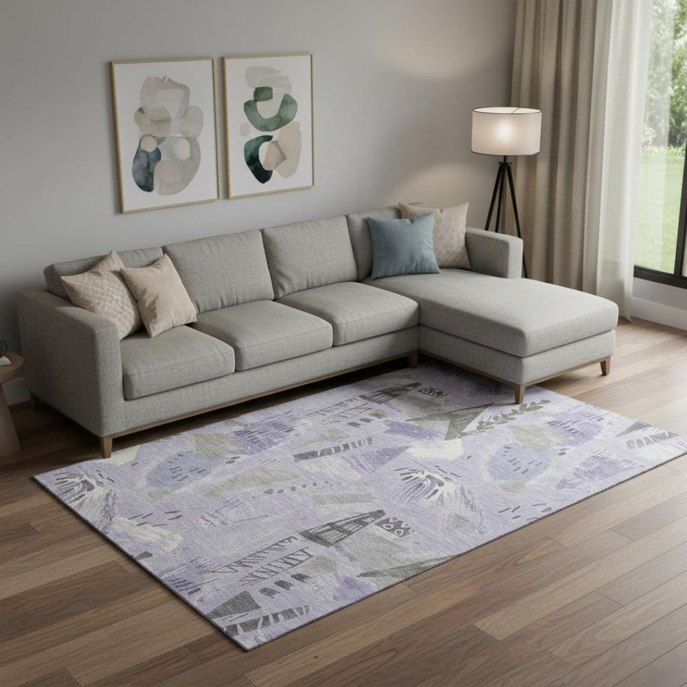 HomeRoots 9' x 12' Modern Lavender, Ivory & Gray Geometric Washable Area Rug with UV Protection & Non-Slip Backing 694525