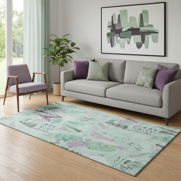 HomeRoots 5' X 8' Modern Geometric Washable Area Rug in Aqua Teal Green - Soft, Durable, UV-Protected Design! 694528