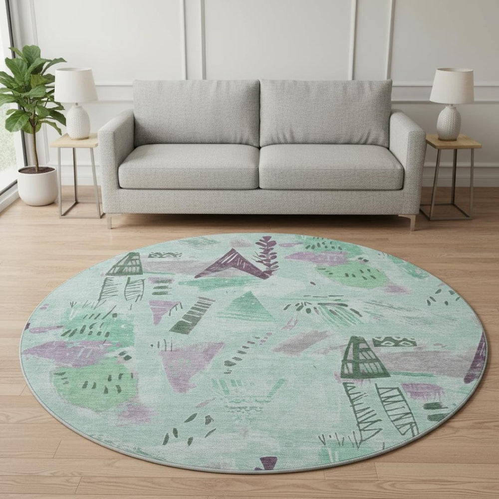 HomeRoots 8' X 8' Modern Geometric Washable Round Rug in Pale Aqua, Teal & Green with UV Protection & Durability 694529