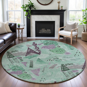 HomeRoots 8' X 8' Modern Geometric Washable Round Rug in Pale Aqua, Teal & Green with UV Protection & Durability 694529