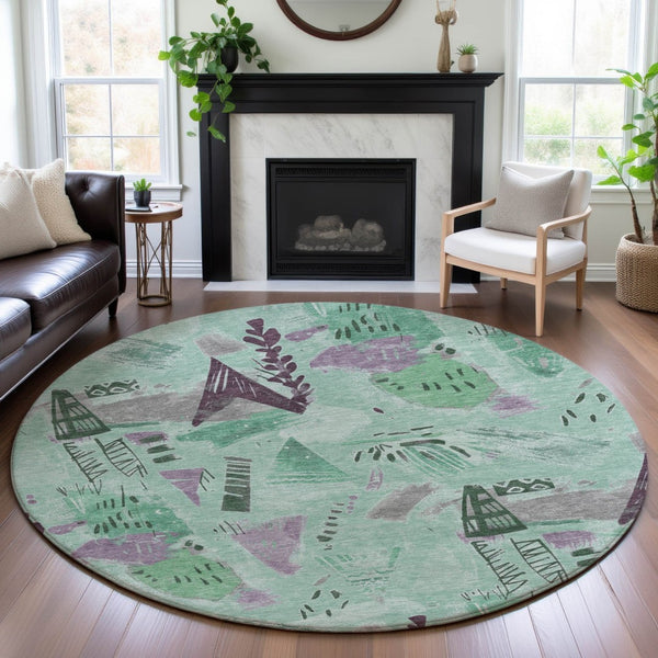 HomeRoots 8' X 8' Modern Geometric Washable Round Rug in Pale Aqua, Teal & Green with UV Protection & Durability 694529