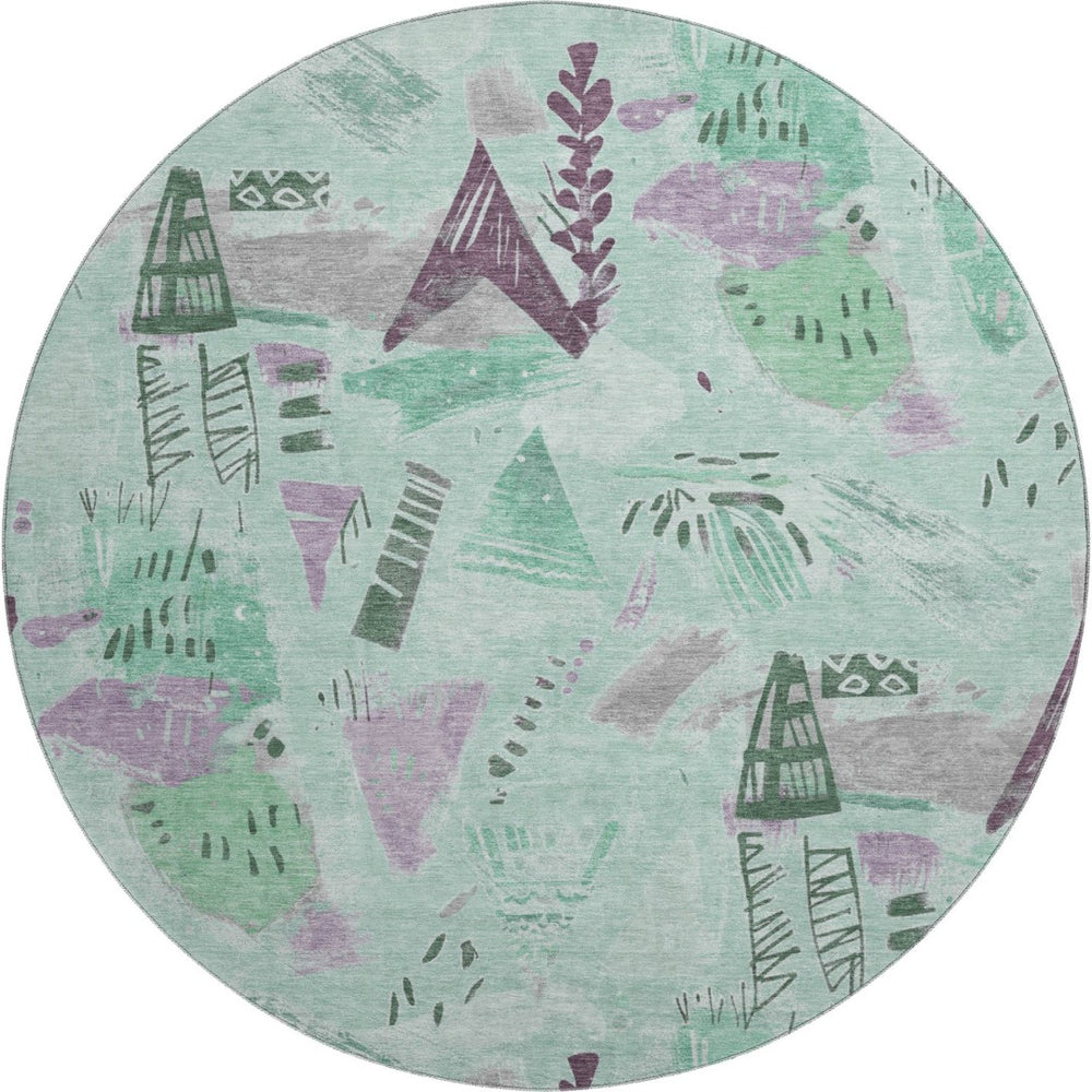HomeRoots 8' X 8' Modern Geometric Washable Round Rug in Pale Aqua, Teal & Green with UV Protection & Durability 694529