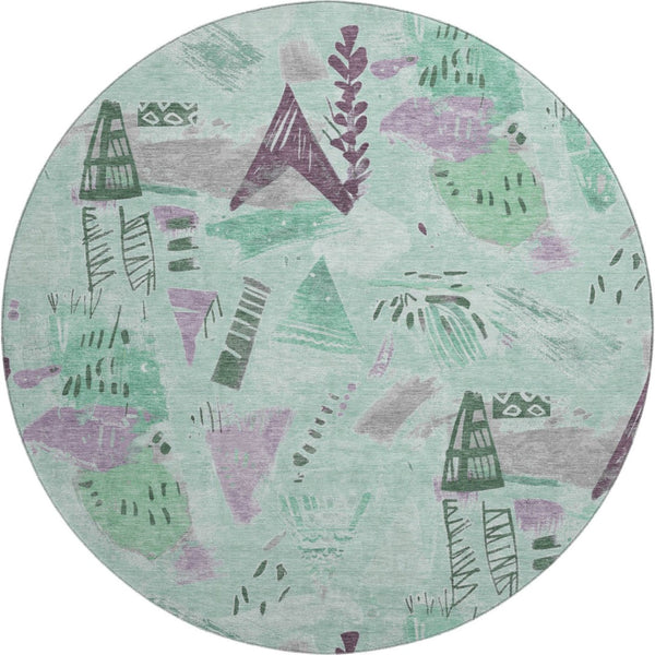 HomeRoots 8' X 8' Modern Geometric Washable Round Rug in Pale Aqua, Teal & Green with UV Protection & Durability 694529