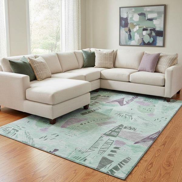 HomeRoots 8' Pale Aqua, Teal & Green Geometric Area Rug – Washable, UV-Protected, Durable for High-Traffic Homes 694530