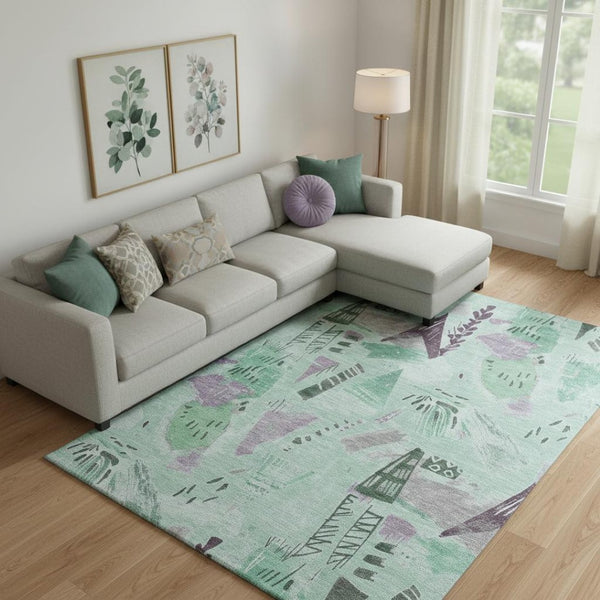 HomeRoots 9' X 12' Geometric Area Rug in Pale Aqua, Teal & Green - Washable, UV-Protected, Pet-Friendly Design 694531