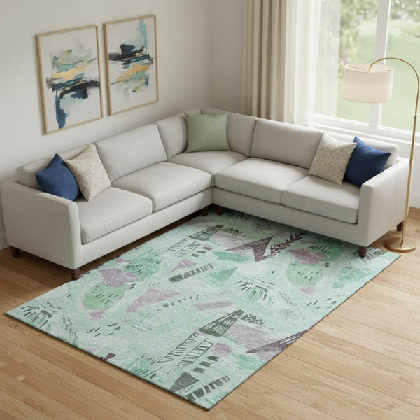 HomeRoots 10' X 14' Modern Aqua Green Geometric Area Rug - Washable, UV Protected, Perfect for High Traffic Spaces 694532