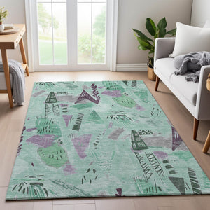 HomeRoots 10' X 14' Modern Aqua Green Geometric Area Rug - Washable, UV Protected, Perfect for High Traffic Spaces 694532