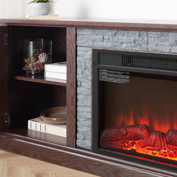 English Elm 70" Modern TV Stand with 23" Electric Fireplace, Faux Stone Mantel, Ample Storage & Cable Management Cherry W2275S00023