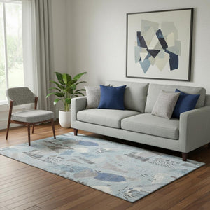 HomeRoots 5' Sky Blue Taupe Ivory Geometric Washable Area Rug - Durable, UV-Protected & Family-Friendly Design 694534