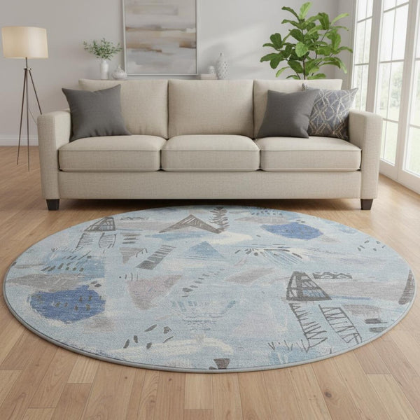 HomeRoots 8' X 8' Stylish Sky Blue Geometric Washable Round Rug with UV Protection for High-Traffic Spaces 694535