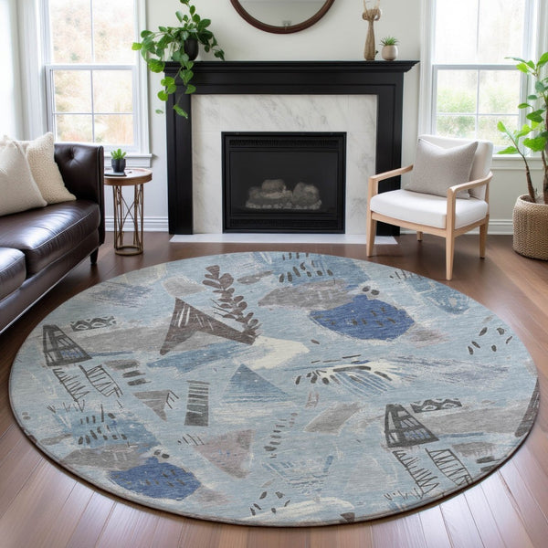 HomeRoots 8' X 8' Stylish Sky Blue Geometric Washable Round Rug with UV Protection for High-Traffic Spaces 694535