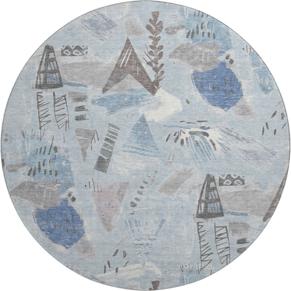 HomeRoots 8' X 8' Stylish Sky Blue Geometric Washable Round Rug with UV Protection for High-Traffic Spaces 694535