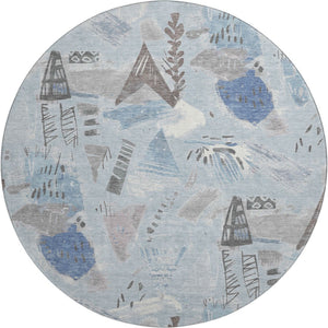 HomeRoots 8' X 8' Stylish Sky Blue Geometric Washable Round Rug with UV Protection for High-Traffic Spaces 694535