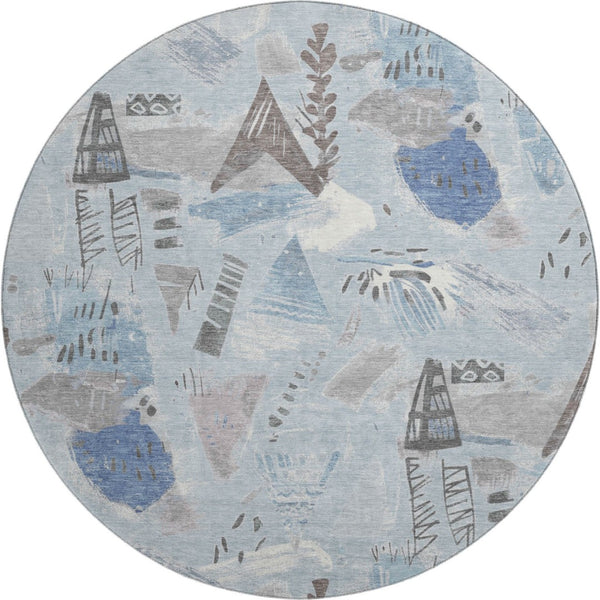 HomeRoots 8' X 8' Stylish Sky Blue Geometric Washable Round Rug with UV Protection for High-Traffic Spaces 694535