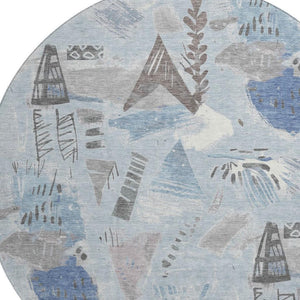HomeRoots 8' X 8' Stylish Sky Blue Geometric Washable Round Rug with UV Protection for High-Traffic Spaces 694535