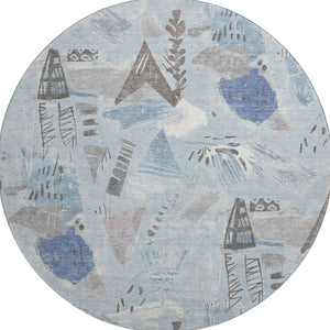 HomeRoots 8' X 8' Stylish Sky Blue Geometric Washable Round Rug with UV Protection for High-Traffic Spaces 694535