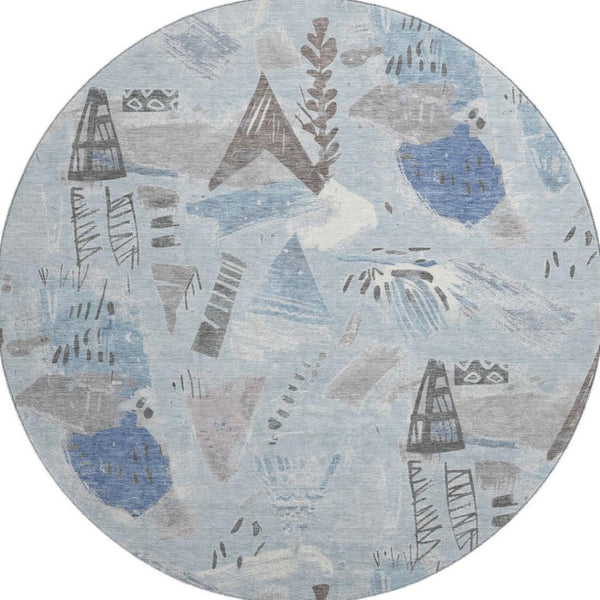 HomeRoots 8' X 8' Stylish Sky Blue Geometric Washable Round Rug with UV Protection for High-Traffic Spaces 694535
