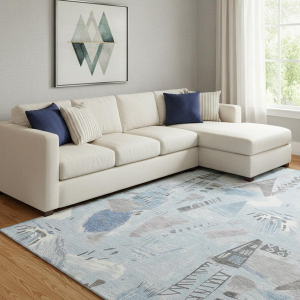 HomeRoots 8' Sky Blue Area Rug - Modern Geometric Design with Washable Durability & UV Protection for Homes 694536