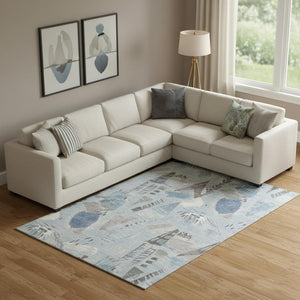 HomeRoots 9' X 12' Sky Blue Taupe Ivory Geometric Area Rug - Washable, UV Protected, Stylish & Durable for Homes 694537