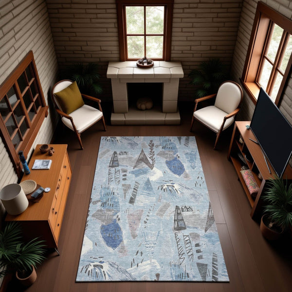 HomeRoots 9' X 12' Sky Blue Taupe Ivory Geometric Area Rug - Washable, UV Protected, Stylish & Durable for Homes 694537