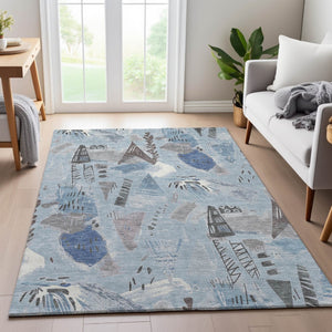 HomeRoots 9' X 12' Sky Blue Taupe Ivory Geometric Area Rug - Washable, UV Protected, Stylish & Durable for Homes 694537