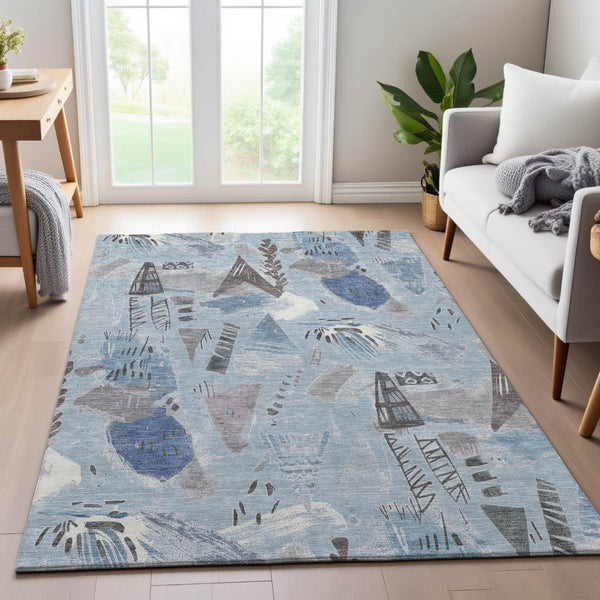 HomeRoots 9' X 12' Sky Blue Taupe Ivory Geometric Area Rug - Washable, UV Protected, Stylish & Durable for Homes 694537