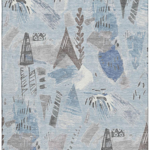 HomeRoots 9' X 12' Sky Blue Taupe Ivory Geometric Area Rug - Washable, UV Protected, Stylish & Durable for Homes 694537