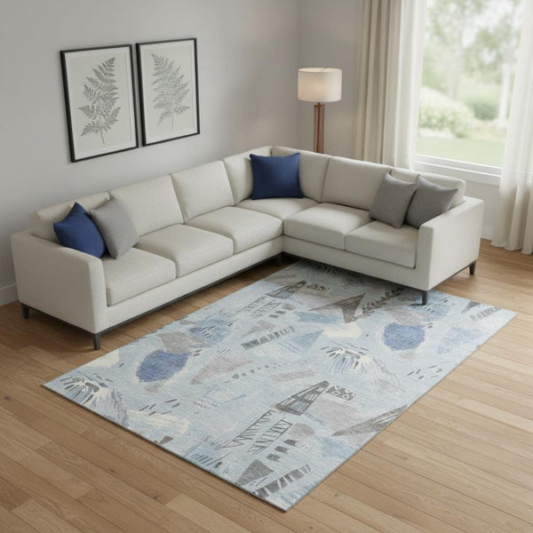 HomeRoots 10' Sky Blue Taupe & Ivory Geometric Washable Area Rug with UV Protection - Perfect for Homes! 694538