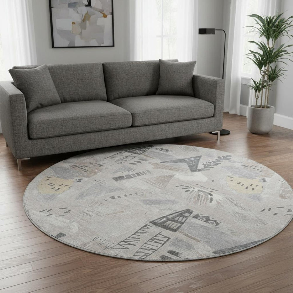HomeRoots 8' X 8' Washable Taupe Beige and Gray Geometric Round Rug with UV Protection for High-Traffic Areas 694541