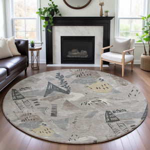 HomeRoots 8' X 8' Washable Taupe Beige and Gray Geometric Round Rug with UV Protection for High-Traffic Areas 694541