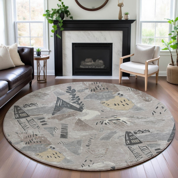 HomeRoots 8' X 8' Washable Taupe Beige and Gray Geometric Round Rug with UV Protection for High-Traffic Areas 694541