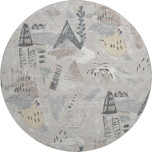 HomeRoots 8' X 8' Washable Taupe Beige and Gray Geometric Round Rug with UV Protection for High-Traffic Areas 694541