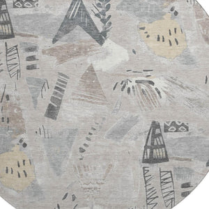 HomeRoots 8' X 8' Washable Taupe Beige and Gray Geometric Round Rug with UV Protection for High-Traffic Areas 694541