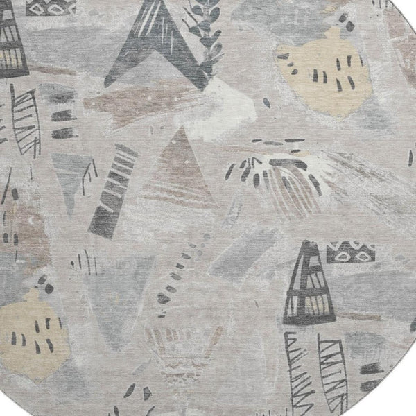 HomeRoots 8' X 8' Washable Taupe Beige and Gray Geometric Round Rug with UV Protection for High-Traffic Areas 694541