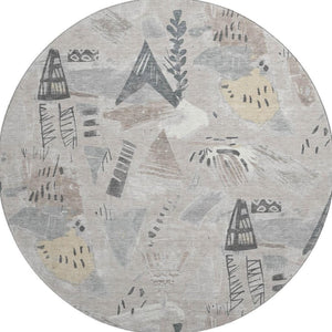 HomeRoots 8' X 8' Washable Taupe Beige and Gray Geometric Round Rug with UV Protection for High-Traffic Areas 694541