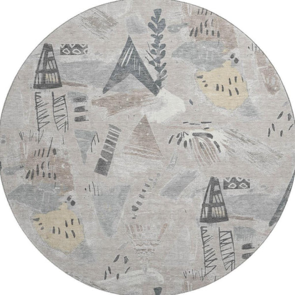 HomeRoots 8' X 8' Washable Taupe Beige and Gray Geometric Round Rug with UV Protection for High-Traffic Areas 694541