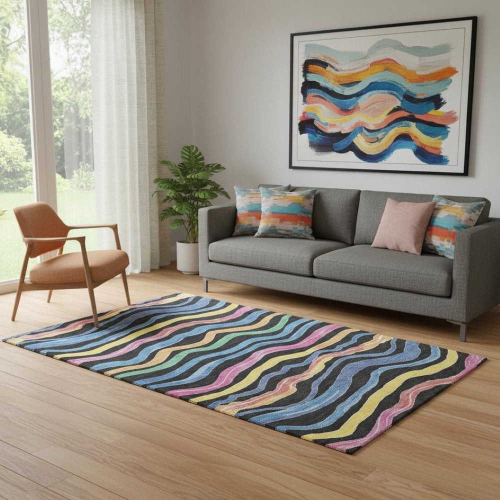 HomeRoots 5' Washable Area Rug with Bold Stripes in Black, Yellow, Blue & Pink – UV Protection & Stain Resistant! 694546