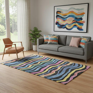 HomeRoots 5' Washable Area Rug with Bold Stripes in Black, Yellow, Blue & Pink – UV Protection & Stain Resistant! 694546