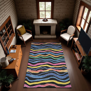 HomeRoots 5' Washable Area Rug with Bold Stripes in Black, Yellow, Blue & Pink – UV Protection & Stain Resistant! 694546