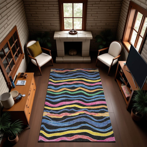 HomeRoots 5' Washable Area Rug with Bold Stripes in Black, Yellow, Blue & Pink – UV Protection & Stain Resistant! 694546