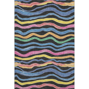 HomeRoots 5' Washable Area Rug with Bold Stripes in Black, Yellow, Blue & Pink – UV Protection & Stain Resistant! 694546