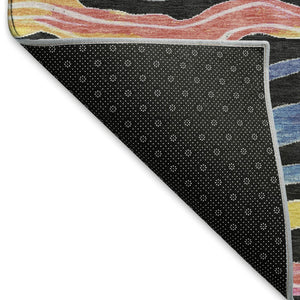 HomeRoots 5' Washable Area Rug with Bold Stripes in Black, Yellow, Blue & Pink – UV Protection & Stain Resistant! 694546
