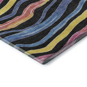 HomeRoots 5' Washable Area Rug with Bold Stripes in Black, Yellow, Blue & Pink – UV Protection & Stain Resistant! 694546