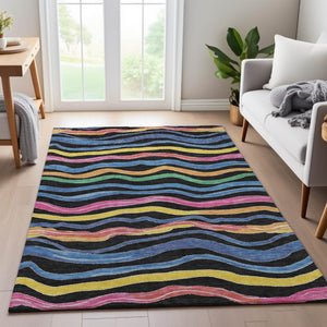 HomeRoots 5' Washable Area Rug with Bold Stripes in Black, Yellow, Blue & Pink – UV Protection & Stain Resistant! 694546