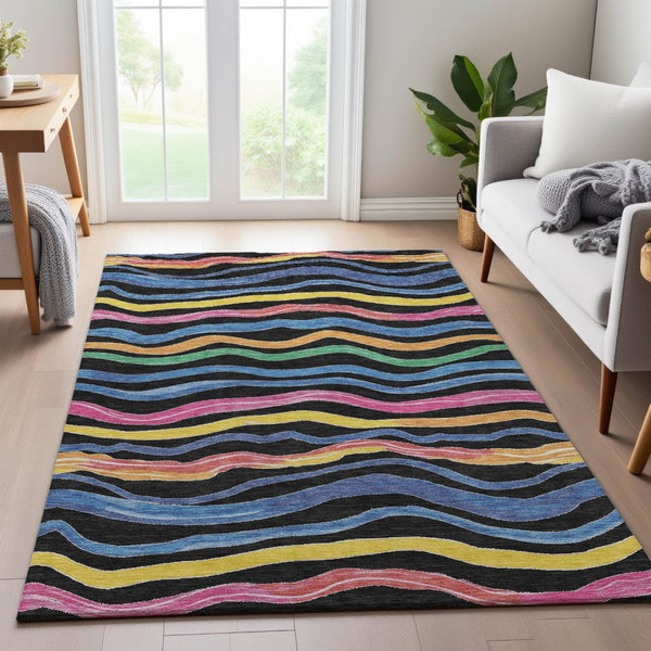 HomeRoots 5' Washable Area Rug with Bold Stripes in Black, Yellow, Blue & Pink – UV Protection & Stain Resistant! 694546