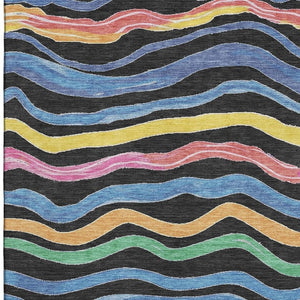 HomeRoots 5' Washable Area Rug with Bold Stripes in Black, Yellow, Blue & Pink – UV Protection & Stain Resistant! 694546