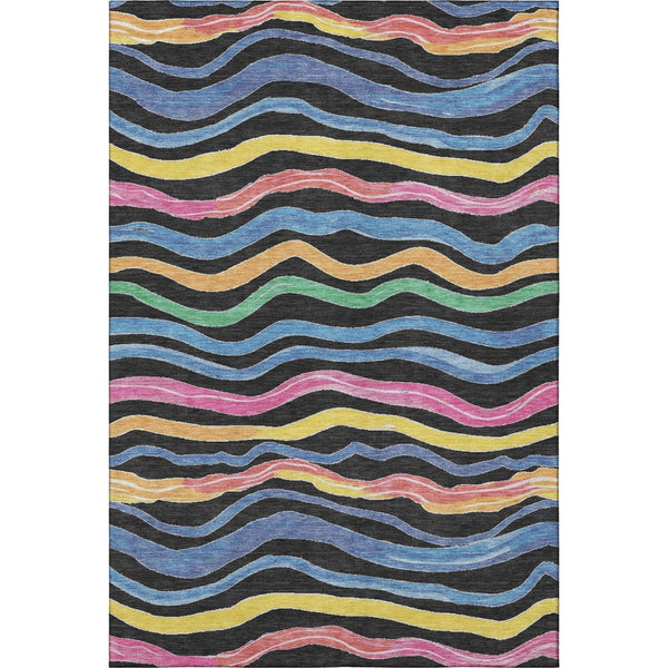 HomeRoots 5' Washable Area Rug with Bold Stripes in Black, Yellow, Blue & Pink – UV Protection & Stain Resistant! 694546