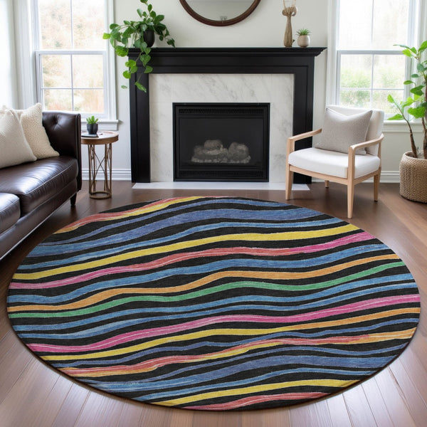HomeRoots 8' X 8' Striped Washable Round Rug in Black, Yellow, Blue & Pink - UV Protected, Durable & Stylish! 694547