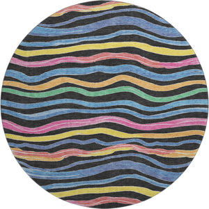 HomeRoots 8' X 8' Striped Washable Round Rug in Black, Yellow, Blue & Pink - UV Protected, Durable & Stylish! 694547